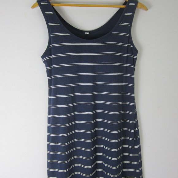 Uniqlo Womens L Navy Blue White Sleeveless Knit Maxi Dress Cotton Modal Nautical - Picture 1 of 9